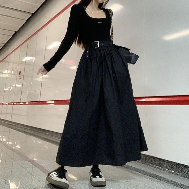 レディース ワンピース シャツワンピ ドッキング スクエアネック ストラップ ベルト ハイウエスト ワッペン ギャザー ロング丈 フリル 無地 タック Aライン 長袖 女性用 楽ちん こなれ感 ラフ スタイルアップ 大人可愛い きれいめ シンプル おしゃれ 着やせ OL 学生 ママの通販は 6,880円