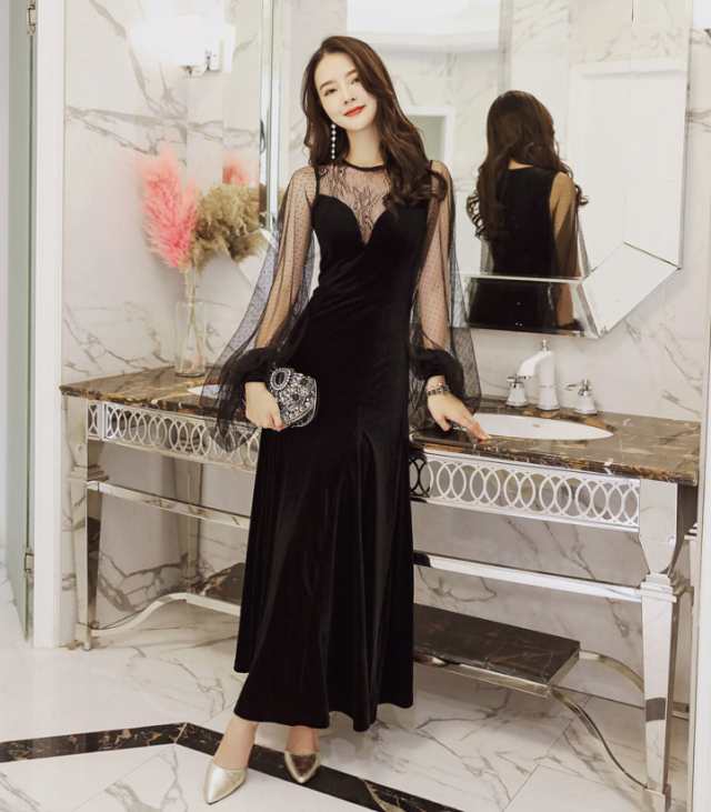 パーティードレス 韓国 黒 ロングドレス 黒 袖あり シースルー
