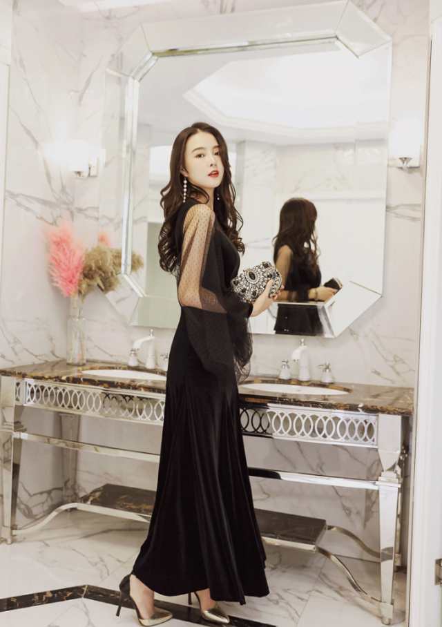 パーティードレス 韓国 黒 ロングドレス 黒 袖あり シースルー