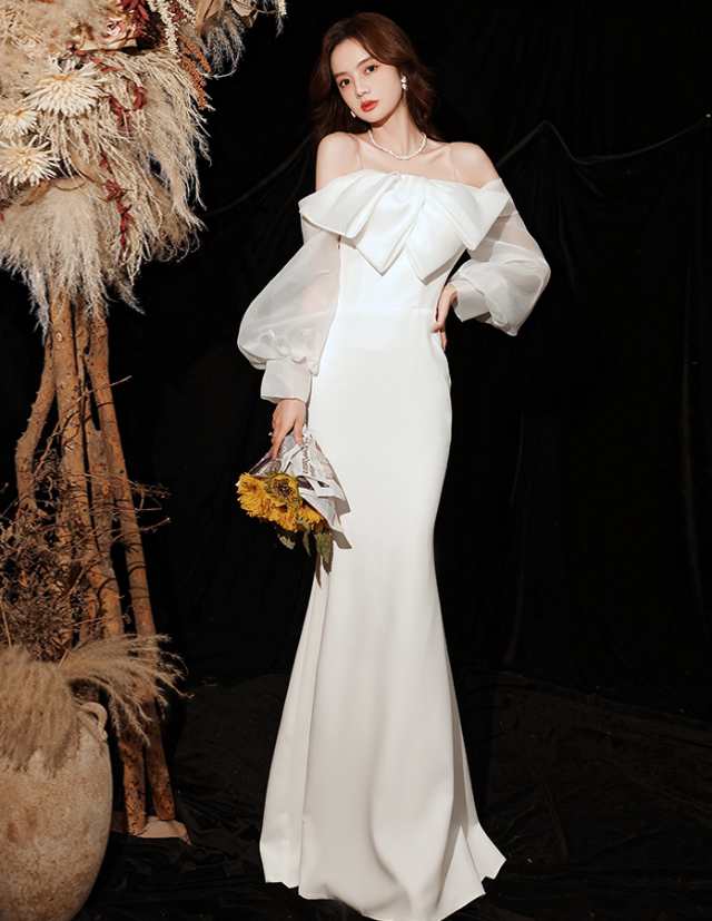ウェディングドレス 袖あり 長袖 二次会 白  袖付きの花嫁ドレスフォーマル/ドレス