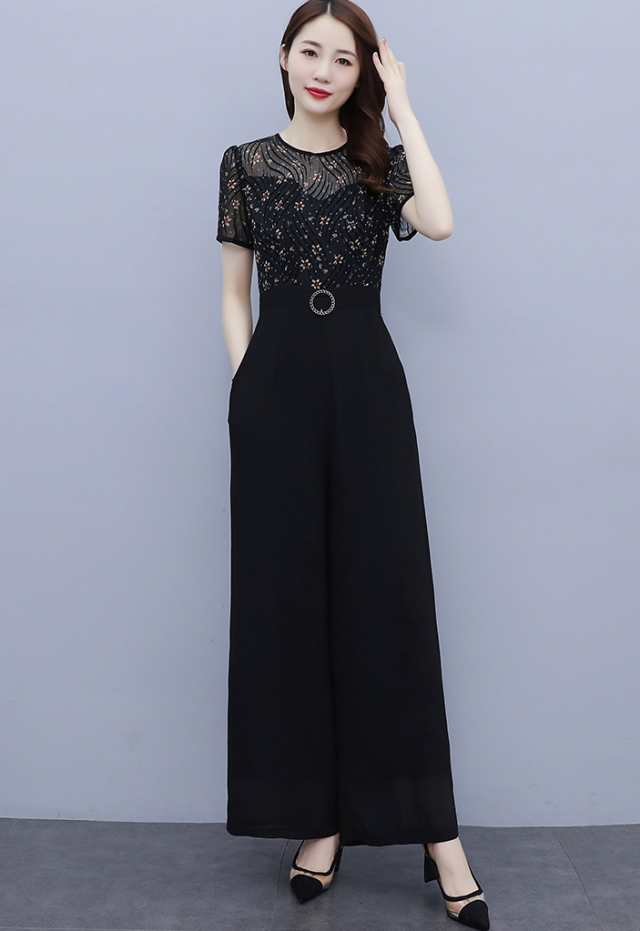 L　ブラック　ワイドパンツドレス　七分袖　シースルー　韓国風　大人かっこいい
