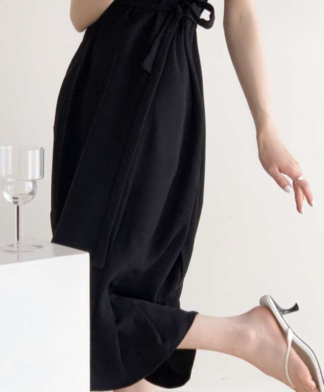 　ドレス　ワンピース　ウエストマーク　シック　大きいサイズ　黒　L