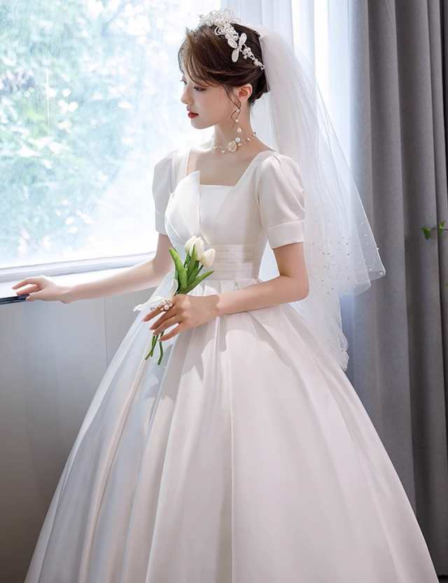 花嫁 ウェディングドレス スクエアネック プリンセスライン 白ドレス