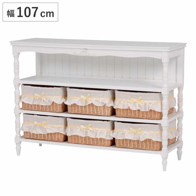 オープンキャビネット 3段 カゴ付 姫系 ロマンチック HAMPTON 幅107cm ( 送料無料 白家具 ろくろ脚 クラシック アンティーク 衣類の通販は