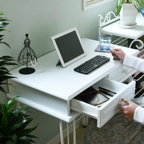 ロートアイアン デスク 飾り棚 引き出し付き ホワイト ロートアイアン