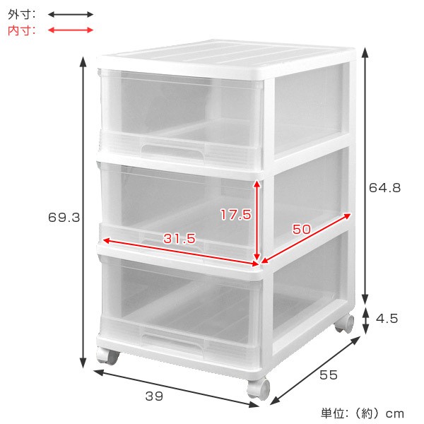 収納ケース クローゼット収納ケース 3段 引き出し キャスター付き 奥行55cm ホワイト プラスチック （ 収納ボックス 収納 衣装ケーの通販はau  PAY マーケット - リビングート