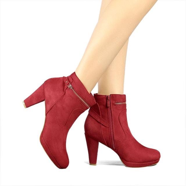 Allegra K ミドル アンクルブーツ スリップオン ラウンドトゥ レディース レッド 26.0 cmの通販は