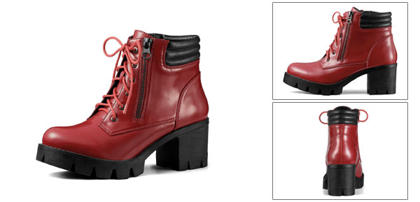 Allegra K アンクルブーツ ラウンドトゥ サイドジッパー 戦闘ブロックヒール レディース レッド 25.5 cmの通販は