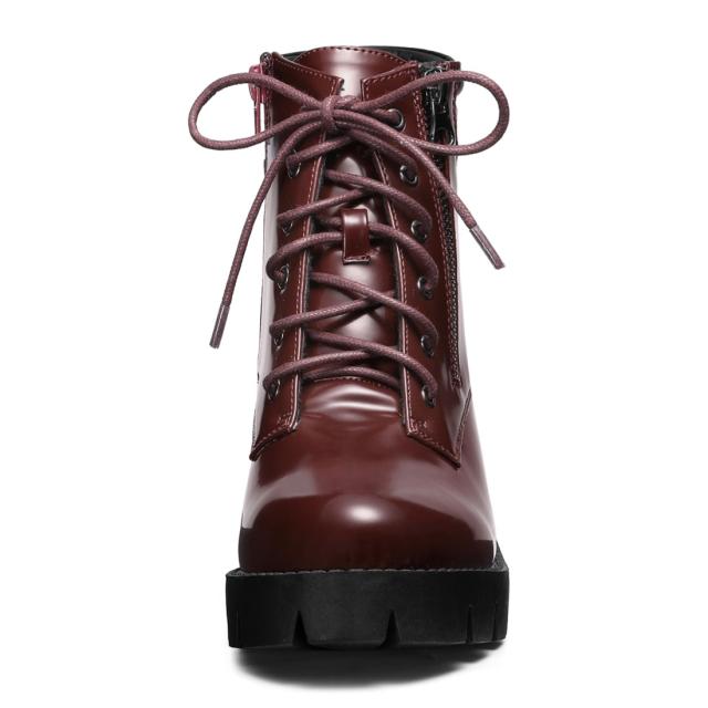 Allegra K アンクルブーツ ラウンドトゥ サイドジッパー 戦闘ブロックヒール レディース ブルゴーニュ 23.5 cmの通販は 5,884円