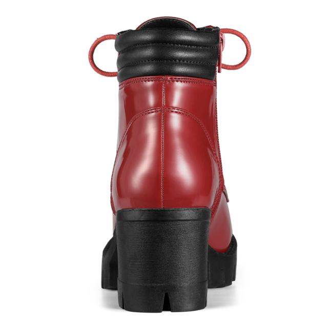 Allegra K アンクルブーツ ラウンドトゥ サイドジッパー 戦闘ブロックヒール レディース レッド 25.5 cmの通販は