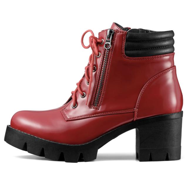 Allegra K アンクルブーツ ラウンドトゥ サイドジッパー 戦闘ブロックヒール レディース レッド 25.5 cmの通販は