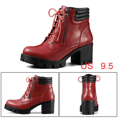 Allegra K アンクルブーツ ラウンドトゥ サイドジッパー 戦闘ブロックヒール レディース レッド 25.5 cmの通販は