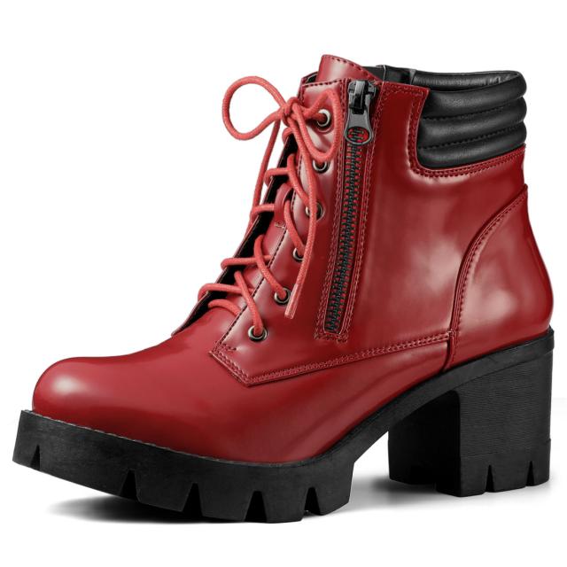 Allegra K アンクルブーツ ラウンドトゥ サイドジッパー 戦闘ブロックヒール レディース レッド 25.5 cmの通販は