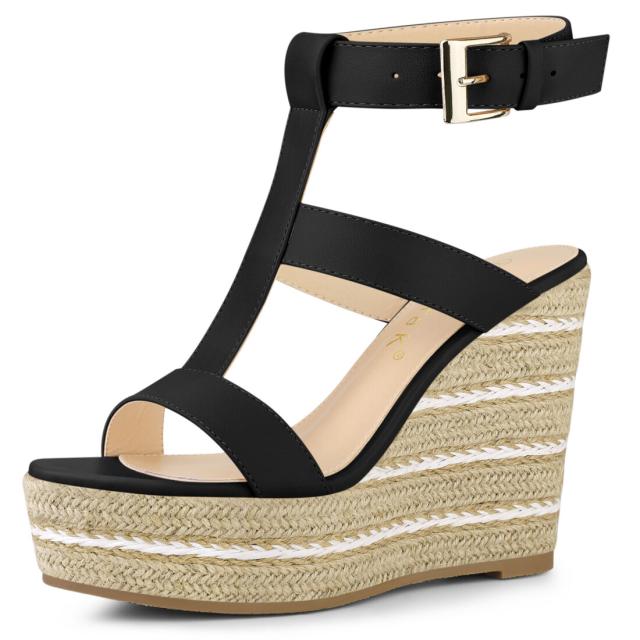 Allegra　K　ウェッジサンダル　ハイヒール　プラットフォーム　ウェッジヒール　エスパドリーユ　レディース　ブラック　23.5cmの通販は