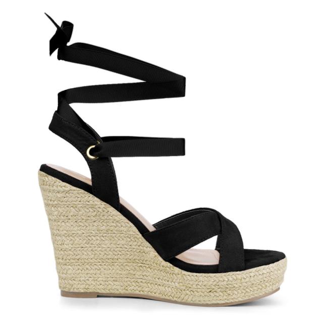 Allegra　K　レースアップ　ウェッジサンダル　プラットフォーム　エスパドリーユ　ハイヒール　レディース　ブラック　24.5cmの通販は