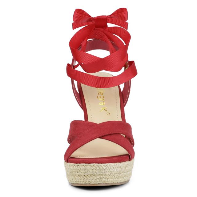 Allegra　K　レースアップ　ウェッジサンダル　プラットフォーム　エスパドリーユ　ハイヒール　レディース　レッド　24.5cmの通販は