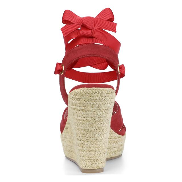 Allegra　K　レースアップ　ウェッジサンダル　プラットフォーム　エスパドリーユ　ハイヒール　レディース　レッド　24.5cmの通販は
