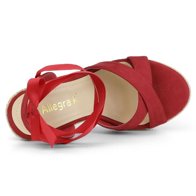 Allegra　K　レースアップ　ウェッジサンダル　プラットフォーム　エスパドリーユ　ハイヒール　レディース　レッド　24.5cmの通販は