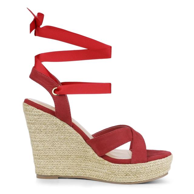 Allegra　K　レースアップ　ウェッジサンダル　プラットフォーム　エスパドリーユ　ハイヒール　レディース　レッド　24.5cmの通販は