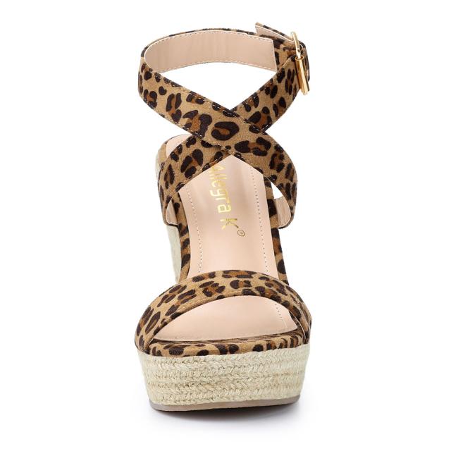 Allegra　K　ウェッジヒール　サンダル　スリングバック　クロス　エスパドリーユ　ハイヒール　レディース　ヒョウ柄　24.5cmの通販は
