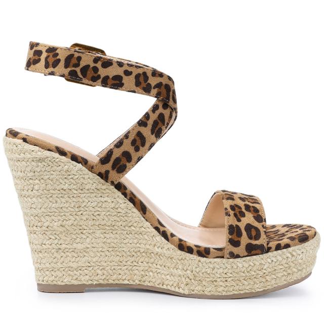 Allegra　K　ウェッジヒール　サンダル　スリングバック　クロス　エスパドリーユ　ハイヒール　レディース　ヒョウ柄　24.5cmの通販は