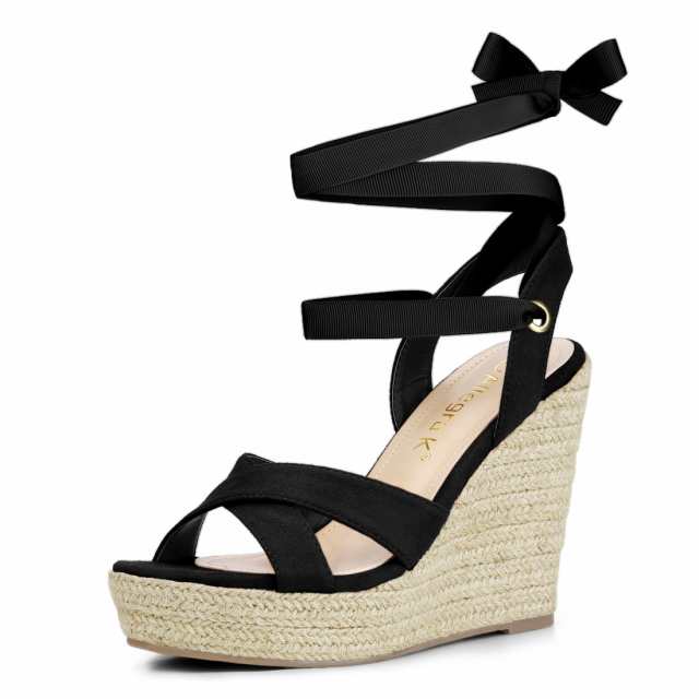 Allegra　K　レースアップ　ウェッジサンダル　プラットフォーム　エスパドリーユ　ハイヒール　レディース　ブラック　25.5cmの通販は