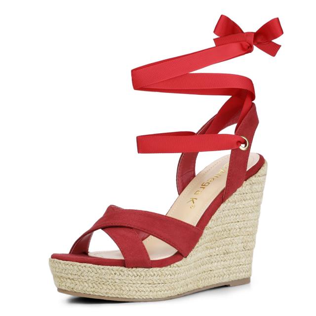 Allegra　K　レースアップ　ウェッジサンダル　プラットフォーム　エスパドリーユ　ハイヒール　レディース　レッド　24.5cmの通販はその他サンダル