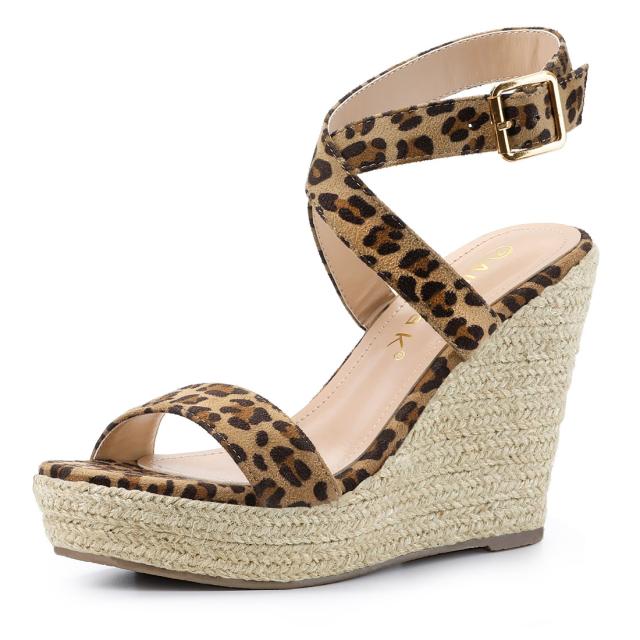 Allegra　K　ウェッジヒール　サンダル　スリングバック　クロス　エスパドリーユ　ハイヒール　レディース　ヒョウ柄　24.5cmの通販はその他サンダル