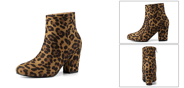 Allegra K アンクルブーツ ラウンドトゥ サイドジッパー チャンキーヒール レディース ヒョウ柄 24.0 cmの通販は