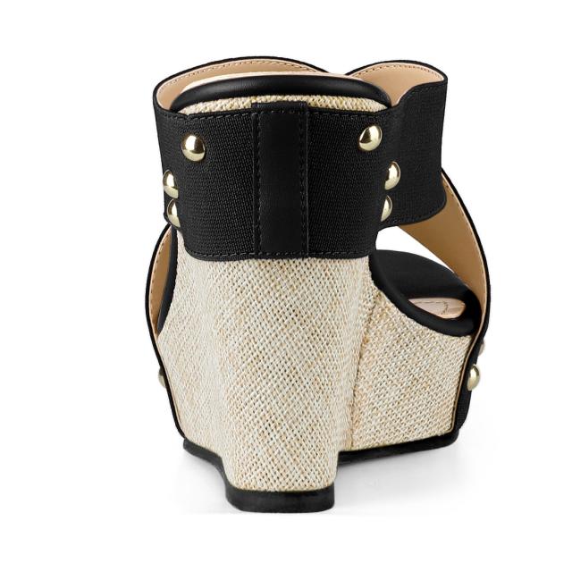 Allegra　K　サンダル　レディース　オープントゥ　リネンプラットフォーム　スライドウェッジヒール　ブラック　黒　26.5cmの通販は