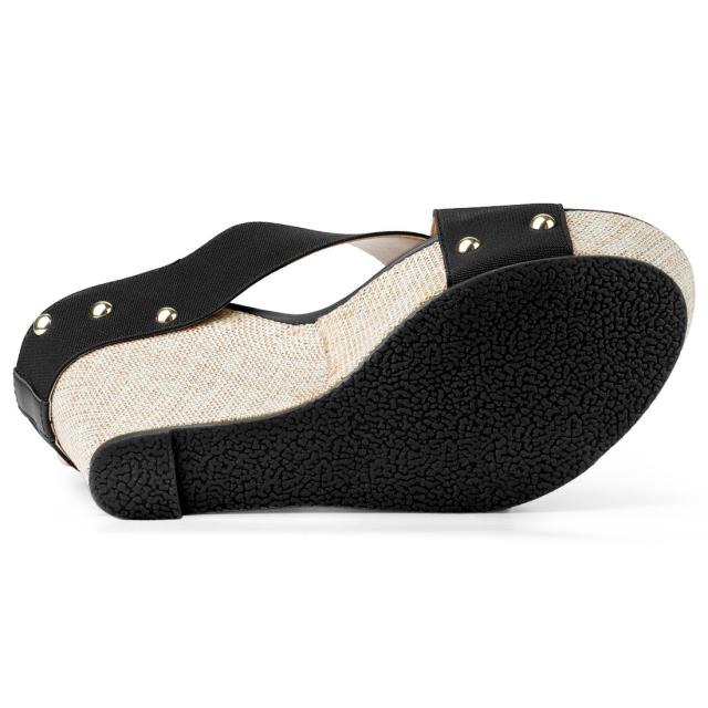 Allegra　K　サンダル　レディース　オープントゥ　リネンプラットフォーム　スライドウェッジヒール　ブラック　黒　26.5cmの通販は