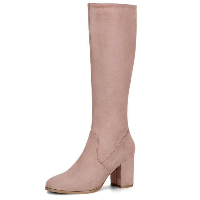 Allegra　K　ニーハイブーツ　ラウンドトゥ　サイドジッパー　チャンキーヒール　レディース　ダストピンク　26.0cmの通販は 5,476円