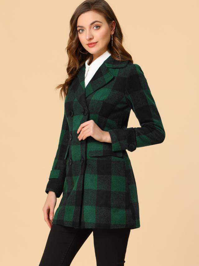 Allegra K チェック柄 コート ロングコート ノッチドラペル