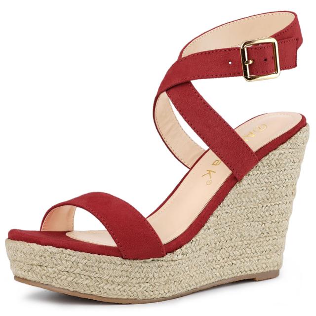 Allegra　K　ウェッジヒール　サンダル　スリングバック　クロス　エスパドリーユ　ハイヒール　レディース　レッド　25.5cmの通販は