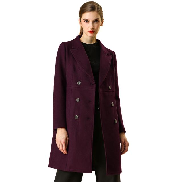 Allegra　K　ロングコート　ピーコート　ダブルブレスト　ノッチドラペル　冬　レディース　ブルゴーニュ　xSの通販は 8,174円