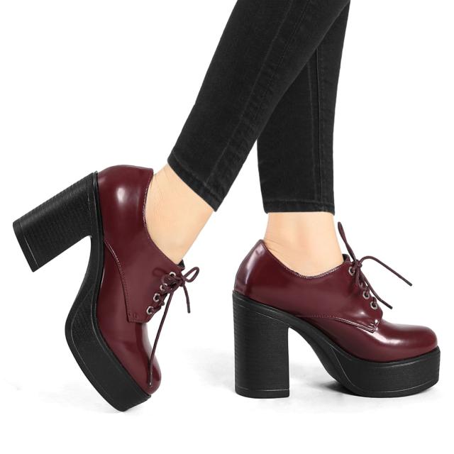 Allegra K 厚底ブーツ ローカット アンクルブーツ レースアップ プラットフォーム 太ヒール ブルゴーニュ 27.5cmの通販は 5,930円