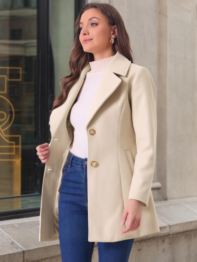 Allegra　K　ロングコート　ボタンダウン　アウター　ノッチドラペル　エレガント　冬　レディース　オフホワイト　L