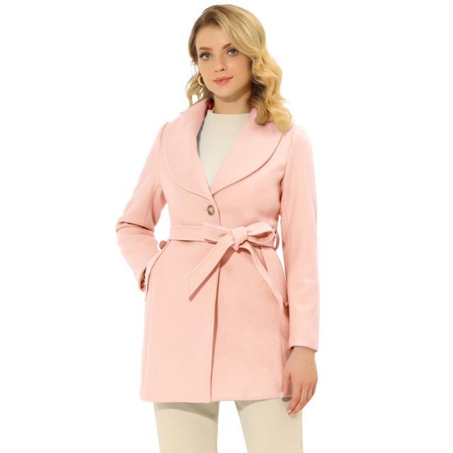 Allegra　K　ロングコート　アウター　スリム　シングルブレスト　ベルト付き　カジュアル　秋冬　レディース　ライトピンク　S