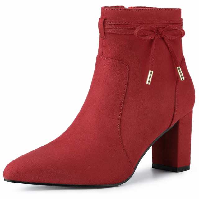 Allegra　K　アンクルブーツ　ボウ　ブロックヒール　ジッパー　ポインテッドトゥ　レディース　レッド　25.5cm