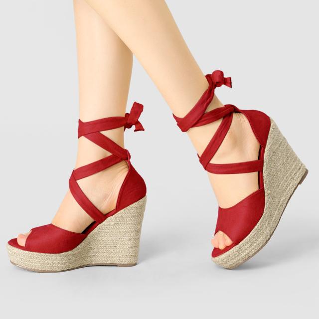 Allegra　K　ウェッジサンダル　レースアップ　エスパドリーユ　レディース　レッド　23.0cmの通販は