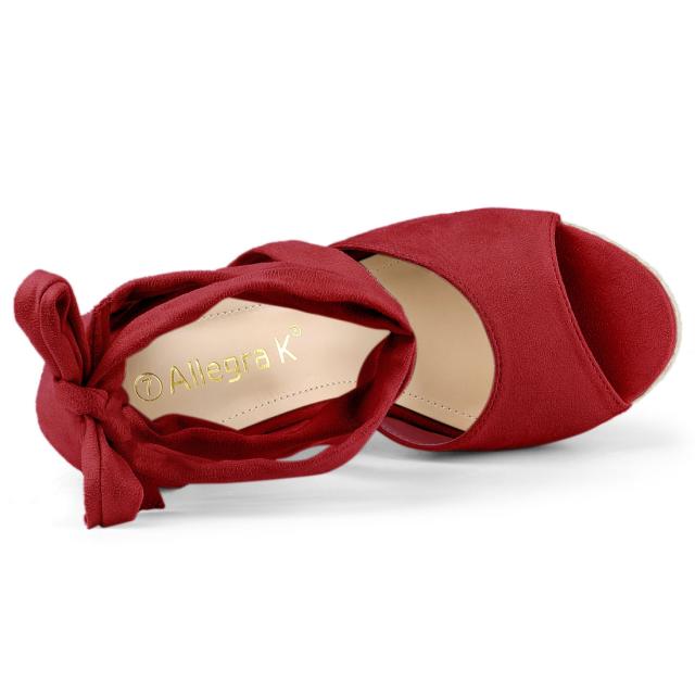 Allegra　K　ウェッジサンダル　レースアップ　エスパドリーユ　レディース　レッド　23.0cmの通販は