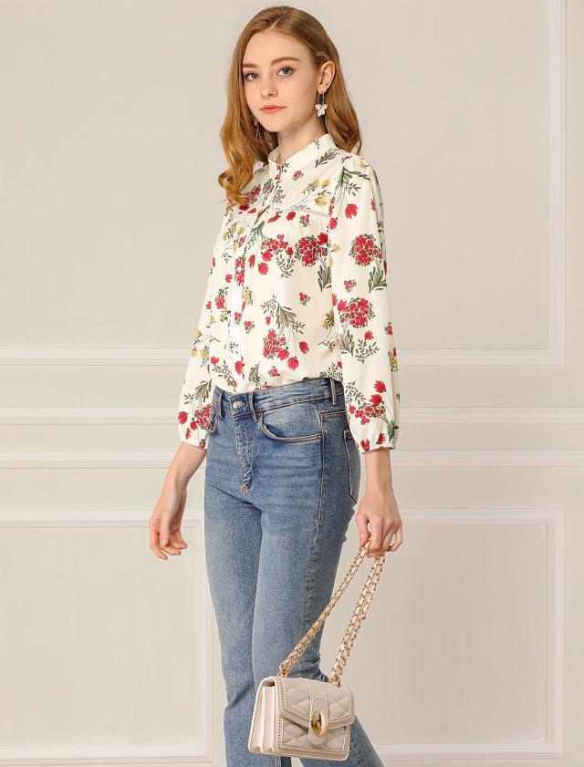 Allegra K 花柄 ブラウス シャツ スタンドカラー ブレスレットスリーブ オフィス カジュアル レディース クリーム色 Xsの通販はau Pay マーケット スリーレックス