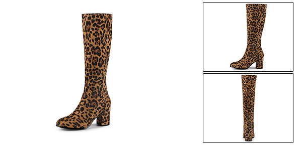 Allegra K ニーハイブーツ ラウンドトゥ サイドジッパー チャンキーヒール レディース ヒョウ柄 26.0 cmの通販は 5,337円