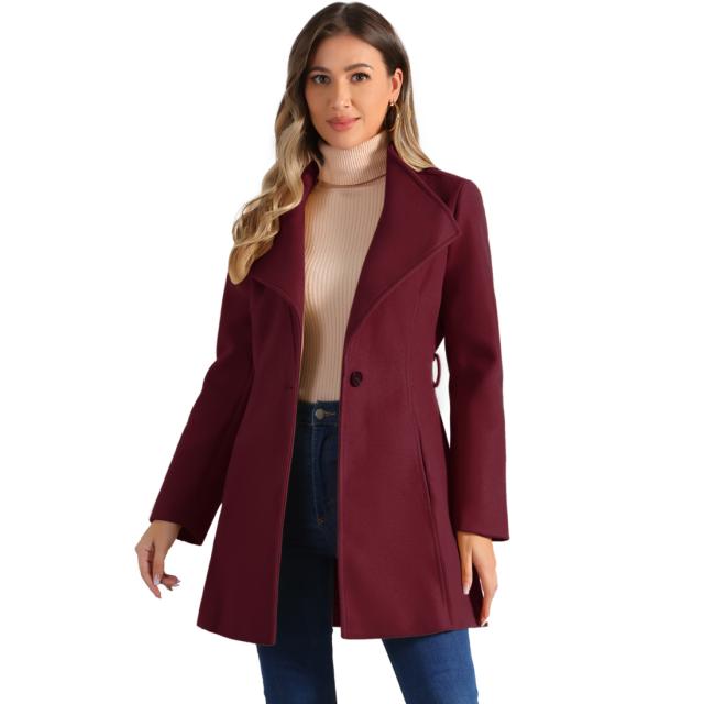 Allegra　K　ロングコート　アウター　長袖　スタンドカラー　ベルト付き　ポケット　秋冬　レディース　ワインレッド　Sの通販は 8,218円