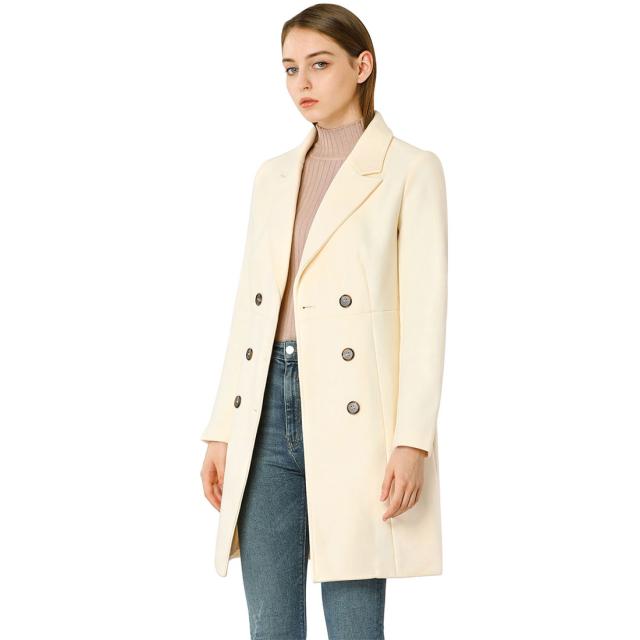Allegra　K　ロングコート　ピーコート　ダブルブレスト　ノッチドラペル　冬　レディース　クリーム　Mの通販は 8,351円