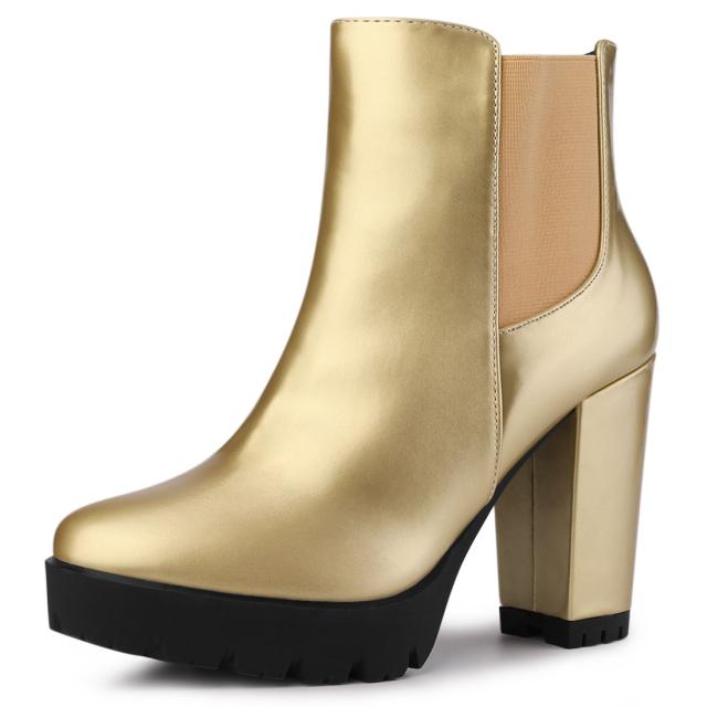 Allegra　K　アンクルブーツ　プラットフォーム　ラウンドトゥ　ジッパー　ブロックヒール　レディース　ゴールド　26.5cmの通販は 6,353円