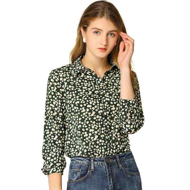 Allegra K 花柄シャツ ブラウス 長袖 おしゃれ ボタンダウン