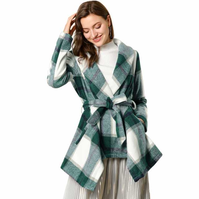 Allegra　K　チェックコート　ラップコート　アウター　長袖　チェック柄　アシンメトリー　裾　冬　レディース　グリーン　Mの通販は