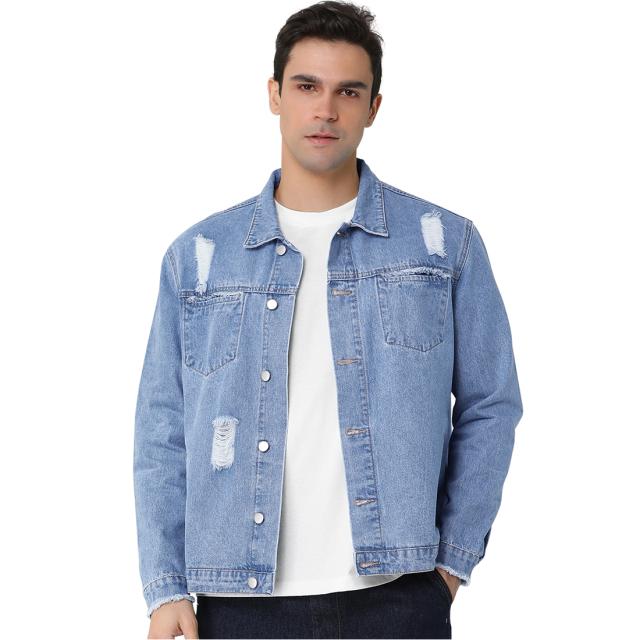 Lars　Amadeus　ダメージ　デニムジャケット　ボタンダウン　軽量　ジーンズ　アウター　メンズ　ブルー　XXLの通販は 5,477円