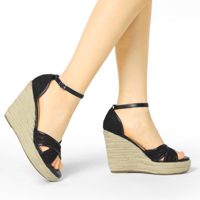 Allegra　K　ウェッジソール　サンダル　アンクルストラップ　エスパドリーユ　ウェッジヒール　レディース　ブラック　26.0　cmの通販は